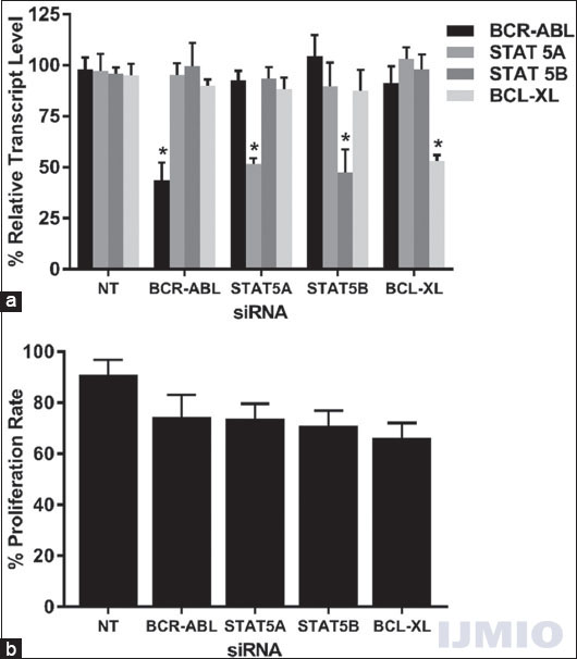 Effect of silencing single gene: K562 was transfected with 50 nM each of BCR-ABL, STAT5A, STAT5B, and BCL-XL siRNA individually for 48 h. (a) Gene expression: The relative transcript level of each gene is expressed in % as compared to gene expression in control. GAPDH gene expression was used to normalize the expression of other target genes. Values are expressed in % ± SD; n = 3; *P < 0.05 when each value compared with their respective control. (b) Cell proliferation: K562 proliferation rate is expressed in % as compared to the proliferation rate in control. Values are expressed in % ± SD; n = 3; *P < 0.05 when compared with control