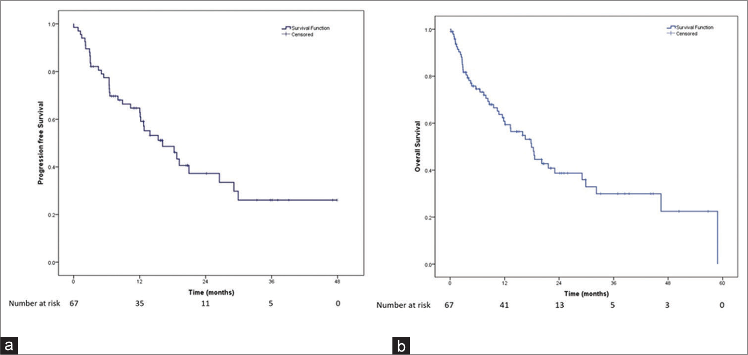 Survival of breast cancer patients treated with palbociclib. (a) Progression-free survival of the patients receiving palbociclib. (b) Overall survival of the patients receiving palbociclib.