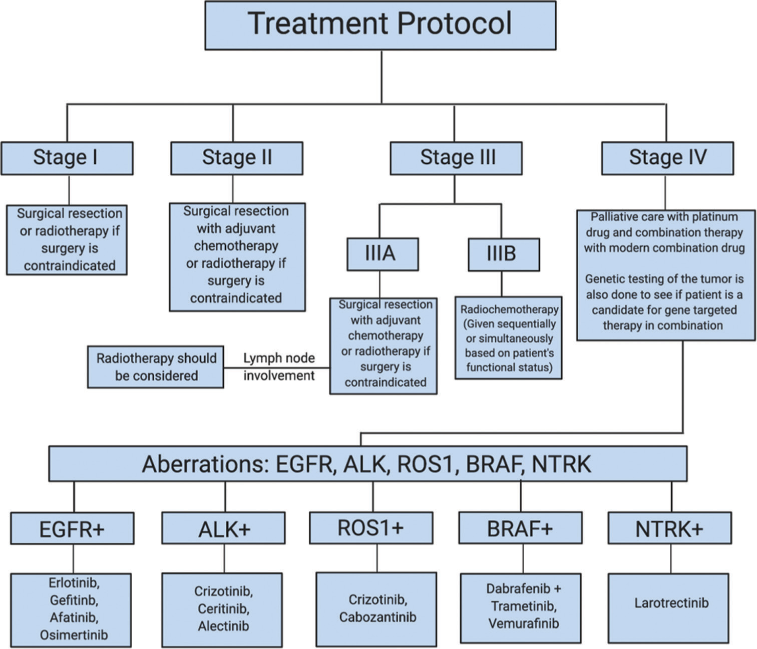 Treatment algorithm for non-small cell lung carcinoma. This is a step-by-step treatment protocol that is like what physicians use to guide them in choosing the most appropriate treatment. The TNM system, by the American Joint Committee on Cancer, is used for determining the stage of the tumor. When in later stages (III, IV) physicians then use gene-targeted therapy to determine aberrations in the specific cancer cell. These aberrations then help the physician predict the most efficacious drug/drugs (shown at the bottom).