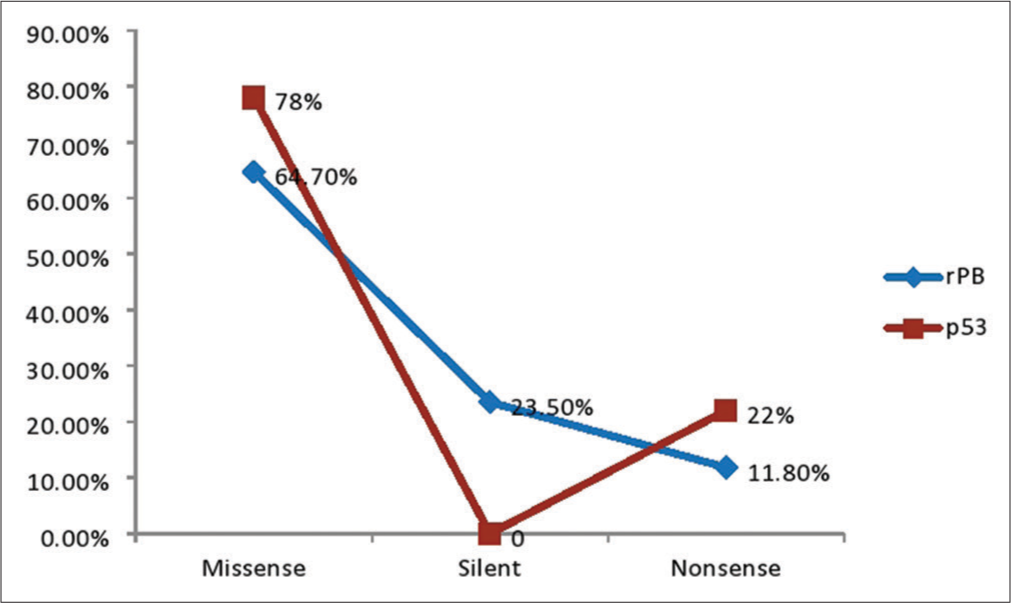 A pie chart showing the frequency of the functional mutation type of retinoblastoma (pRb) and p3 genes in squamous cell carcinoma of the cervix.